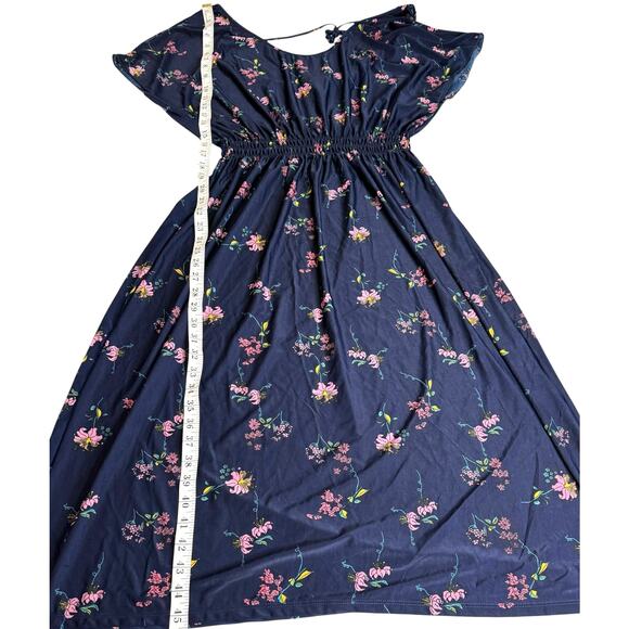 Young USA Navy Blue Floral Midi Dress Size L Elastic Waist Short Sleeve NWT - Picture 9 of 10